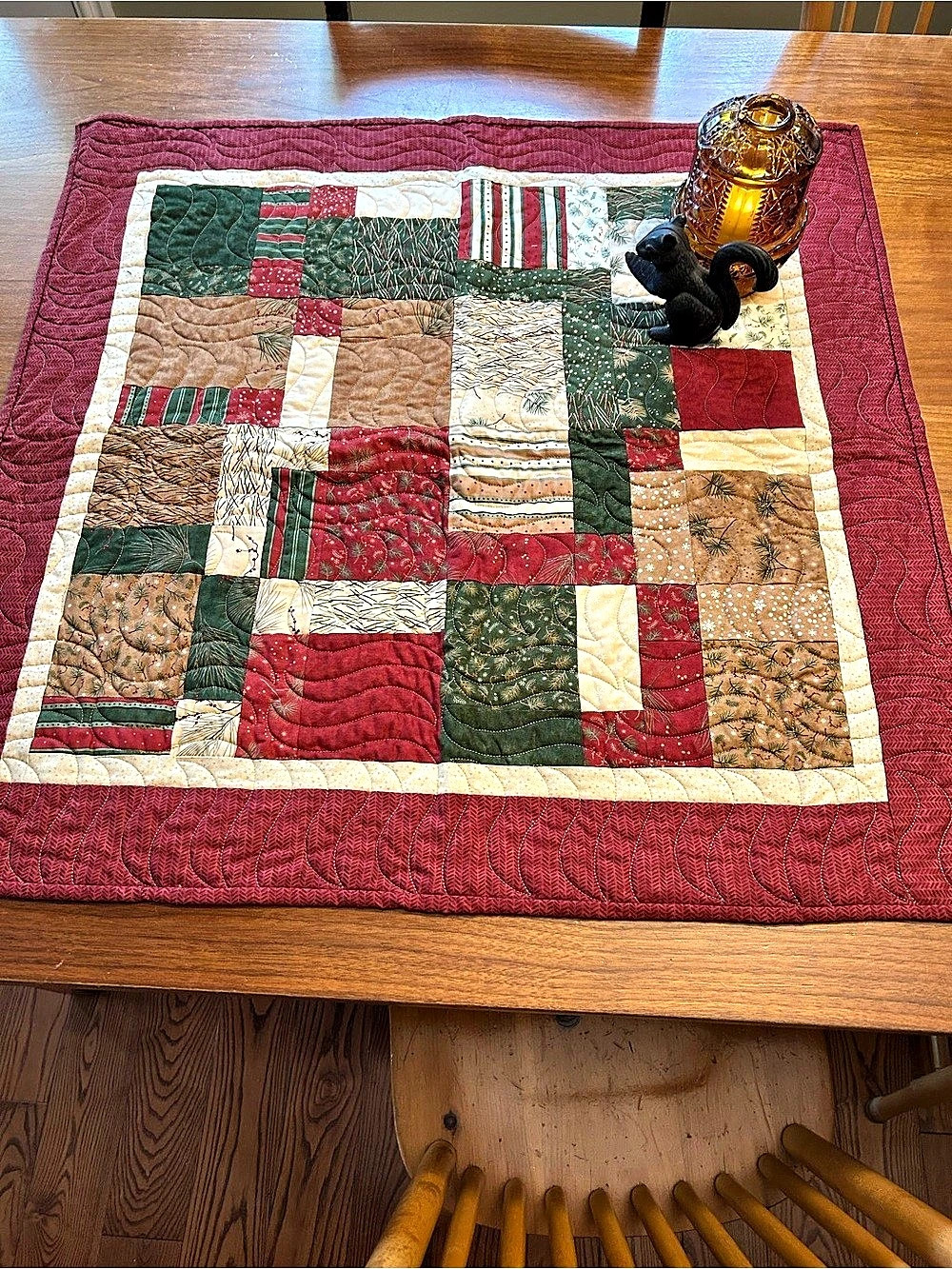 One of a Kind Handmade Quilted Table Topper in Red & Earthy Tones